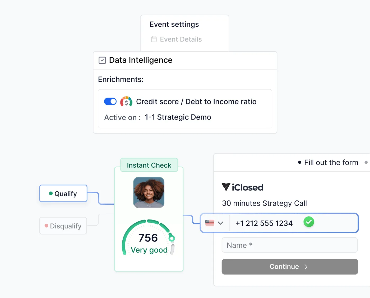 Enriquecimento com score de crédito do iClosed: o módulo de data intelligence enriquece um agendamento com uma verificação de crédito que qualifica ou descarta o lead na hora
