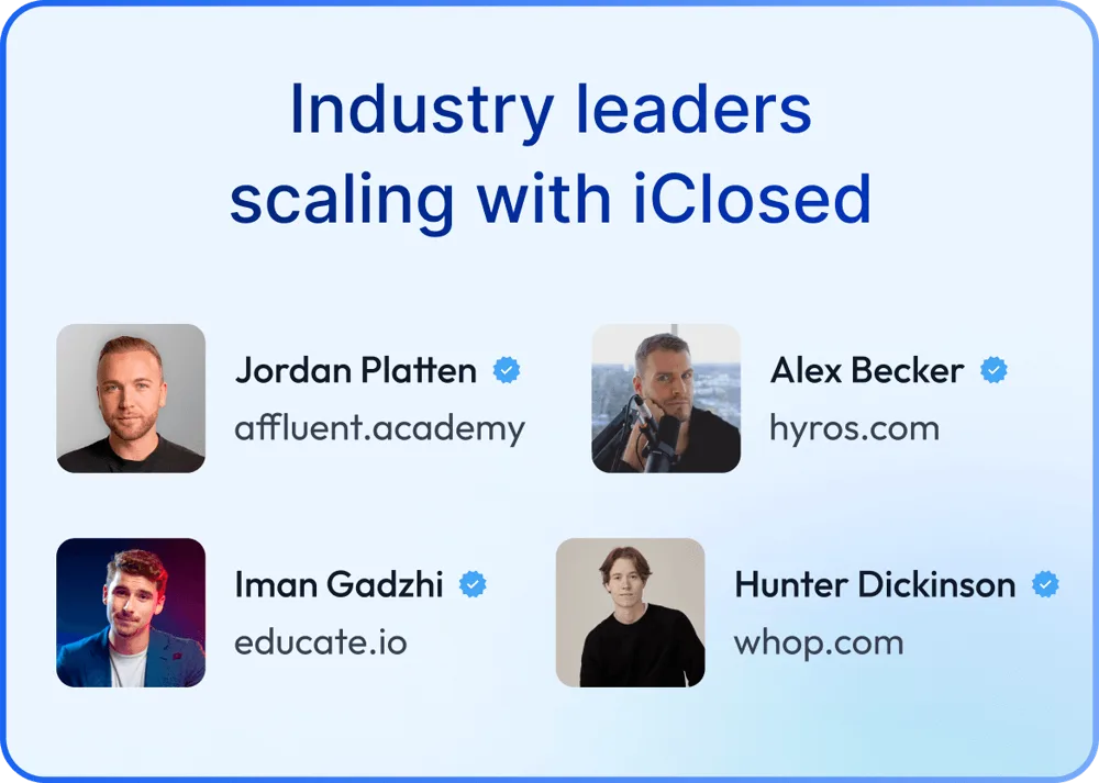 Líderes do setor que usam o iClosed: Jordan Platten (Affluent.academy), Alex Becker (Hyros), Iman Gadzhi (Educate.io), Hunter Dickinson (Whop)