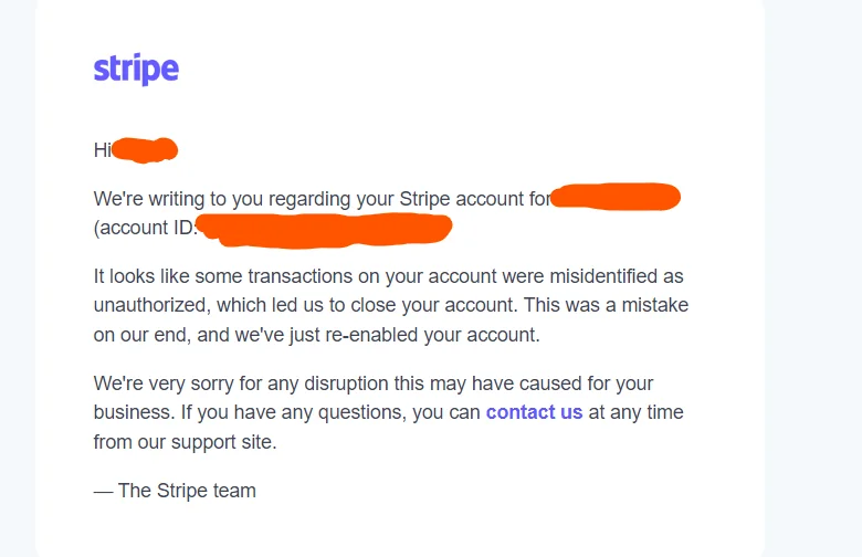 Aviso de restrição no painel da Stripe : a conta foi desativada por fatores de risco potenciais, o saldo remanescente será enviado ao banco em 14 dias