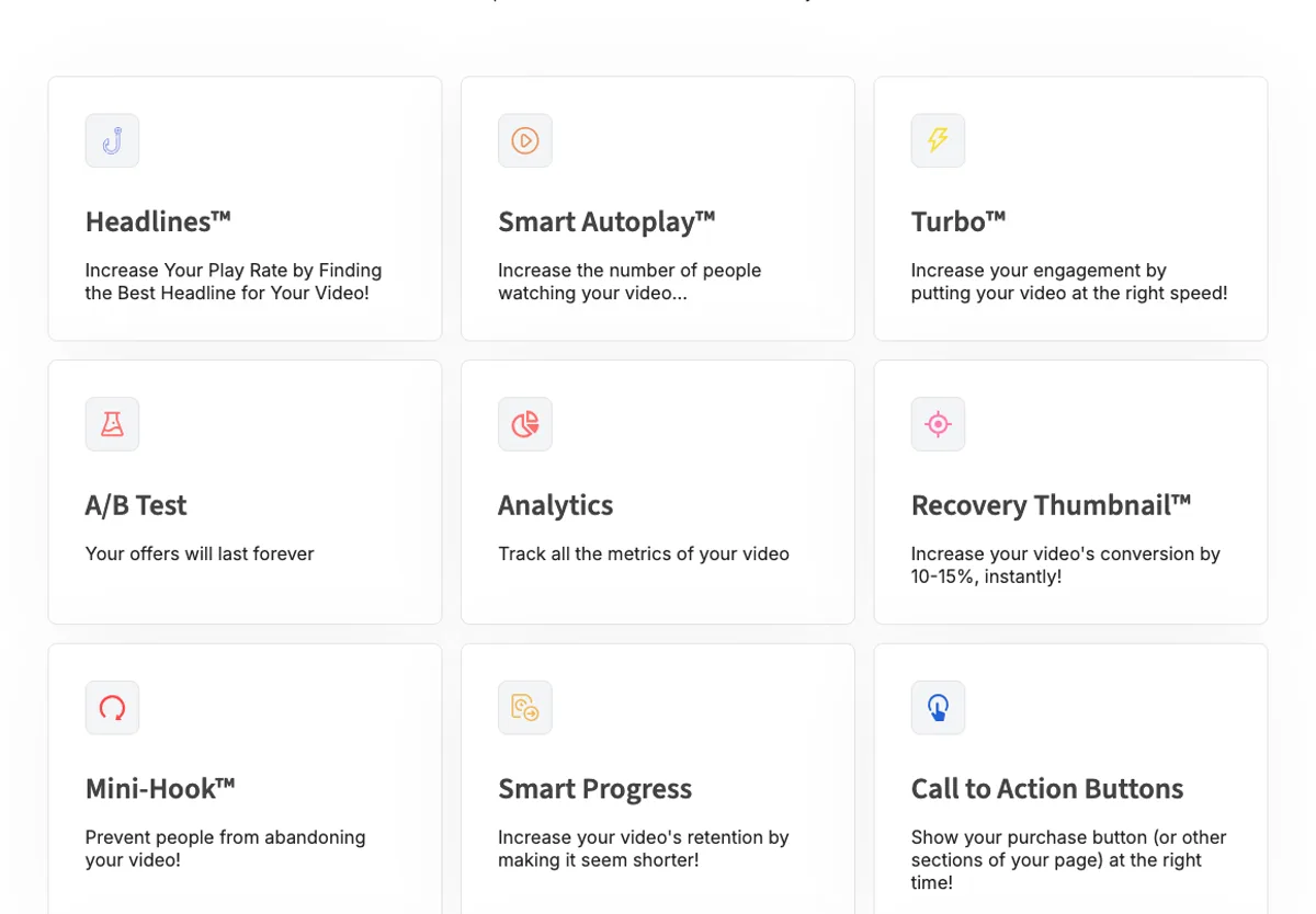 Grilla de funciones de VTurb mostrando nueve herramientas de conversión: Headlines, Smart Autoplay, Turbo, A/B Test, Analytics, Recovery Thumbnail, Mini-Hook, Smart Progress y Call to Action Buttons.