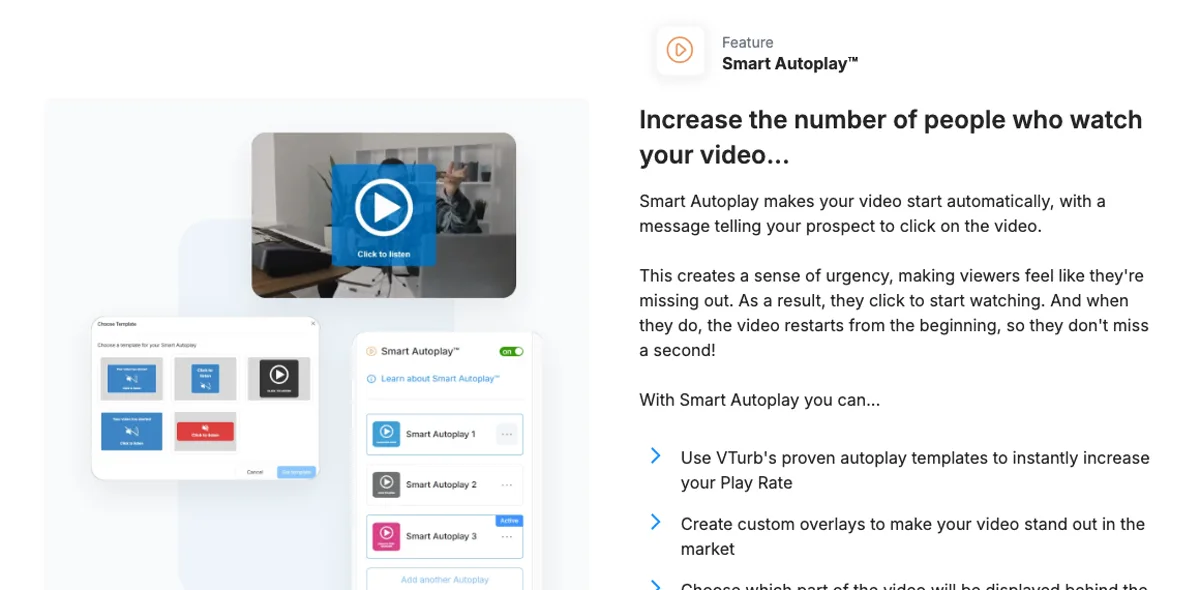 Editor de Smart Autoplay de VTurb: plantillas de overlay y tres variantes A/B llamadas Smart Autoplay 1, 2 y 3 para un aviso de autoplay silenciado Click to listen.